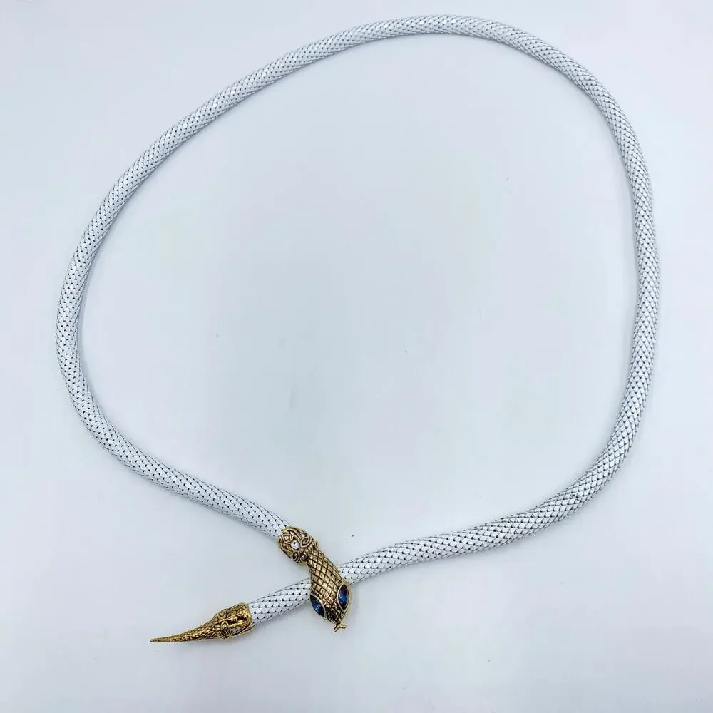 Vintage DL Auld Snake Head White Metal Mesh Adjustable Choker Necklace Or Belt